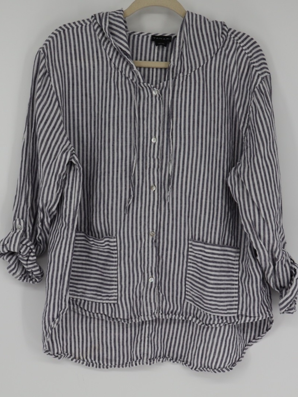 Tahari Women’s L Blue White Striped Linen Hooded Button-Up Shirt Nautical